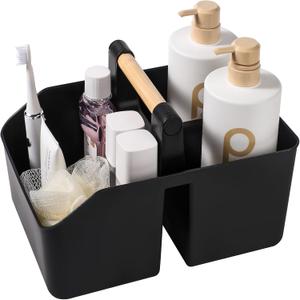 rejomiik Portable Shower Caddy Basket with Bamboo Handle, Plastic Cleaning Caddy Bathroom Organizer Tote for College Dorm Essentials, Bath Toy Storage, Black