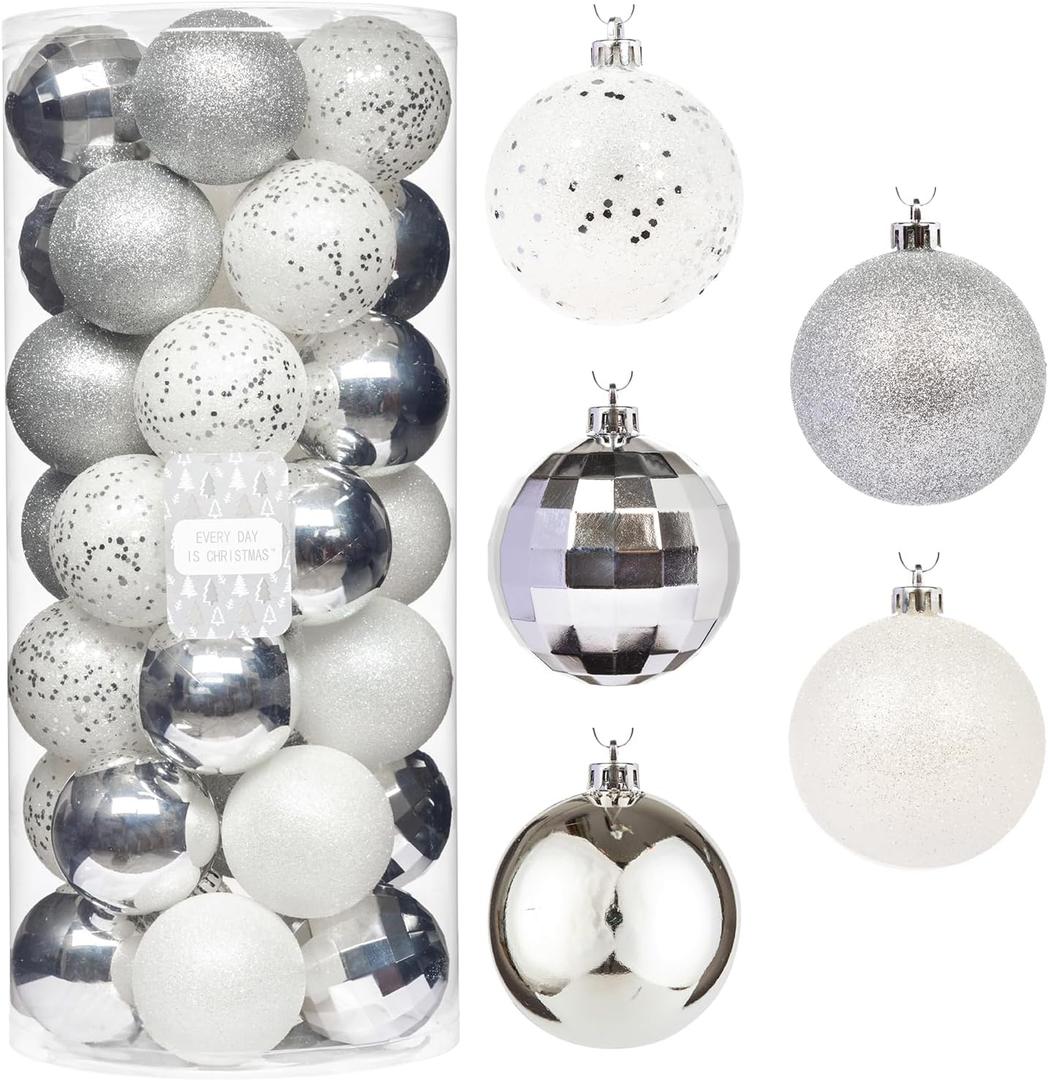 Every Day is Christmas Ornaments, Shatterproof Christmas Tree Ornament Set, Christmas Balls Decoration 35 Count (2.75"/70mm, White Silver)
