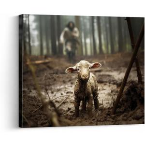 Jesus and Lamb Canvas Wall Art Jesus Running After Lost Lamb Picture Wall Art Canvas Print Christian Home Decor 20x16 inch