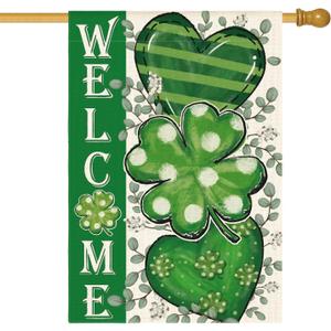 AVOIN colorlife St Patricks Day House Flag 28x40 Inch Double Sided Outside, Shamrocks Clovers Hearts Welcome Yard Outdoor Decoration