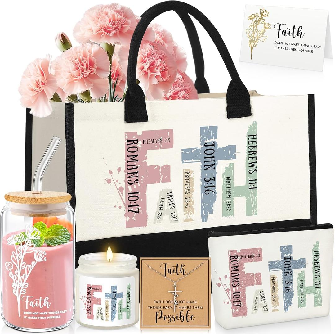 6 Pcs Christian Gifts for Women Faith Set Mother's Day Religious Gift for Women with Tote Bag Makeup Bag Candle Cross Necklace Cup Greeting Card for Church Grad Birthday(Faith, Morandi)