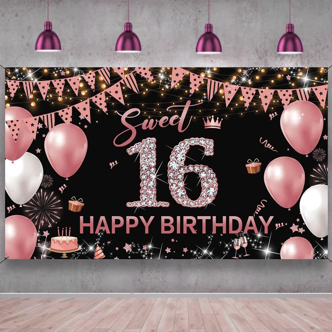 Sweet 16 Birthday Banner, Rose Gold Sweet Sixteen Decorations, 16th Birthday Photo Booth Backdrop, Fabric 6.1ft x 3.6ft