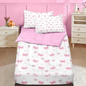 Nesker Full Zipper Bedding, Pink Bowknot Zipper Bedding Sets for Girls, 3pcs All in on one, Princess Flower Kids Comforter Set with Fitted Sheet and 2 Pillowcases