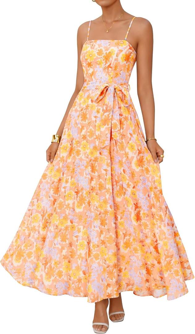 ZESICA Women's Summer Floral Maxi Dresses 2026 Sleeveless Spaghetti Straps A Line Flowy Wedding Guest Sundress with Belt (Medium)
