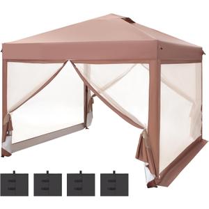 PHI VILLA 10' x 10' Pop Up Canopy Tent with Netting, Instant Gazebo, Ez up Screen House Room with Carry Bag, Height Adjustable, for Outdoor, Garden, Patio (1010 with netting, Brown)