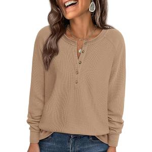 PRETTYGARDEN Women Long Sleeve Waffle Knit Shirts 2026 Fall Casual Button V Neck Loose Henley Tops Basic Tees Winter Clothes, M