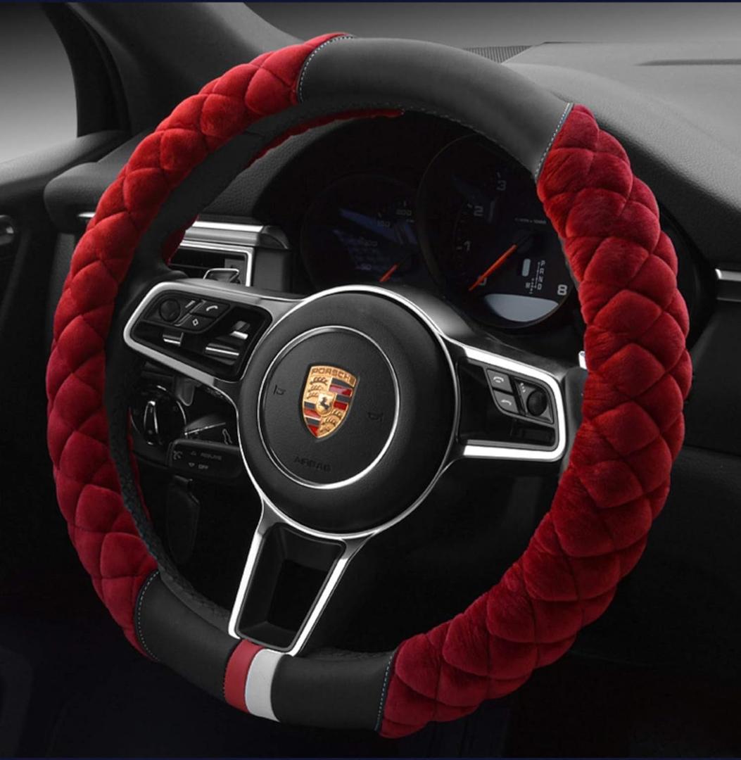 HAOKAY Luxury Fluffy Winter Steering Wheel Cover for Women,Soft Warm Short Plush Steering Wheel Cover Red Fuzzy with Universal 14.5-15 Inch
