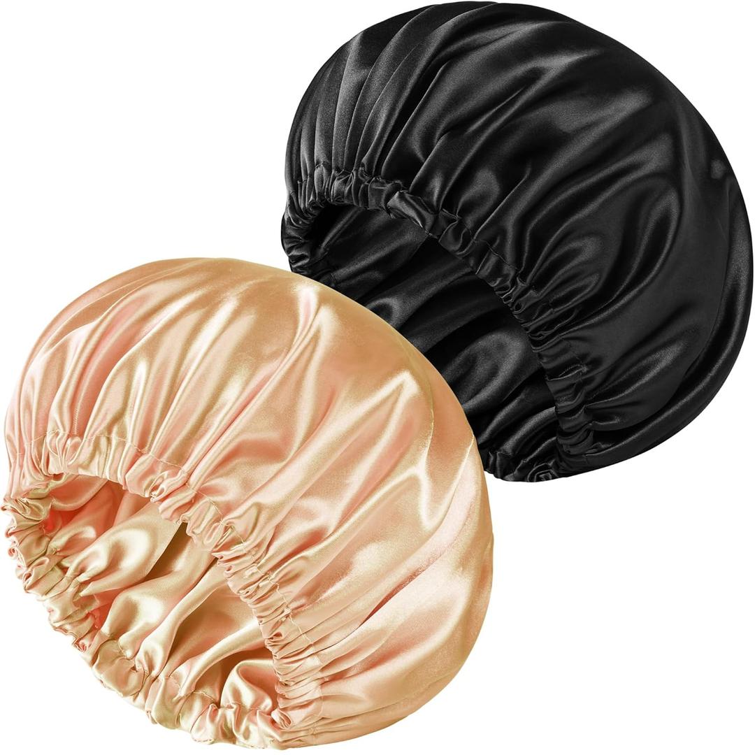 Satin Bonnet Double Layer Silk Bonnet for Sleeping Women Hair Care for Natural Curly (Black&Orange)