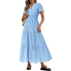 PRETTYGARDEN Womens 2025 Summer Maxi Dress Short Sleeve V Neck Hollow Out Eyelet A Line Long Flowy Beach Vacation Dresses (Light Blue) L