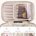 Wandering Nature Puffer Initial Makeup Bag, Personalized Travel Make Up Organizer Cosmetic Bags with Brush Holder and Divider, Gift with Chenille Letter for Moms, Wives, Girlfriend, Besties (E, Beige)