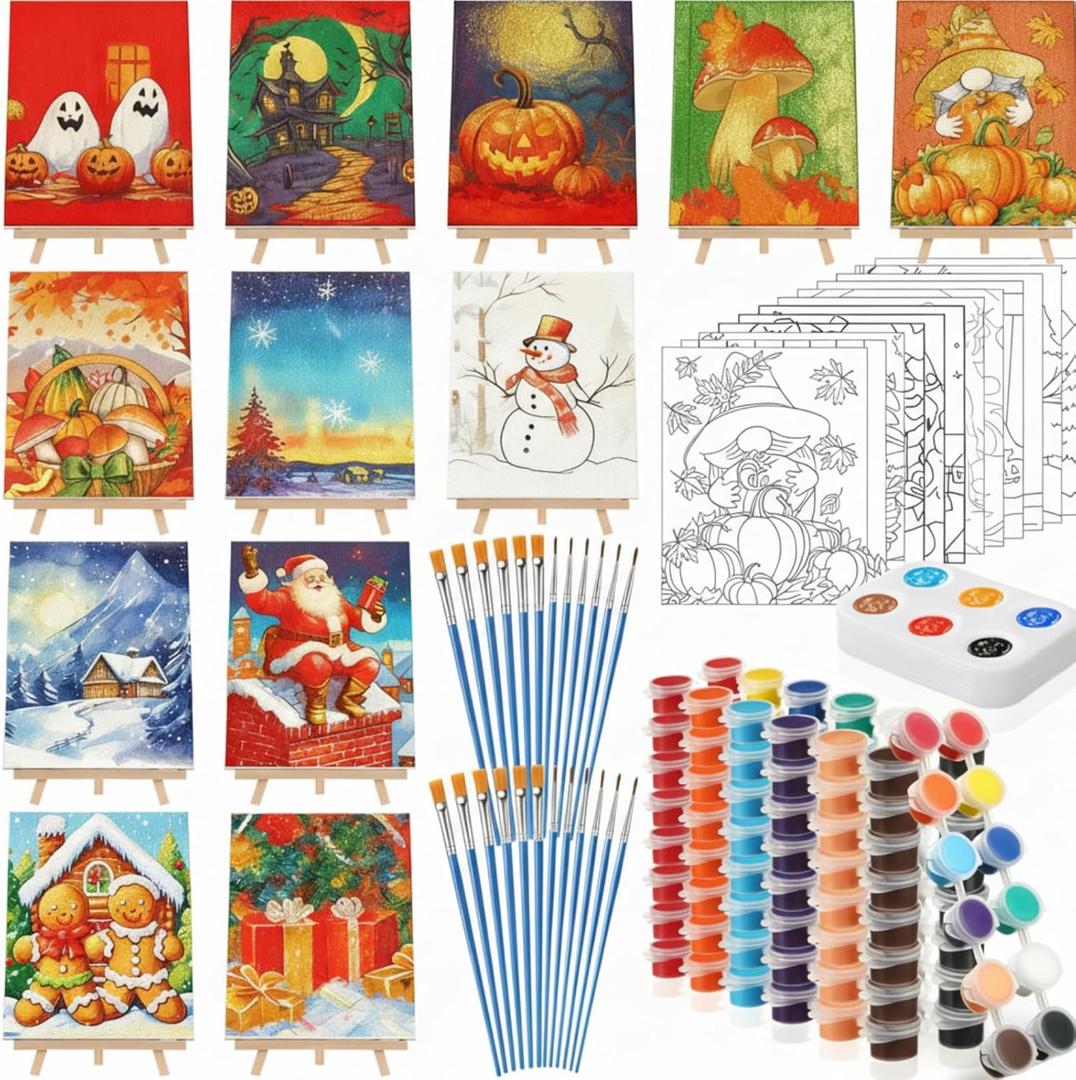 Zhanmai 12 Pack Pre Drawn Canvas for Painting Sip and Paint Kit 8" x 10" Paint Party Set Canvas Painting Pre Printed Canvases for Party Favor DIY Virtual Adult's Date Night(Various Festivals)