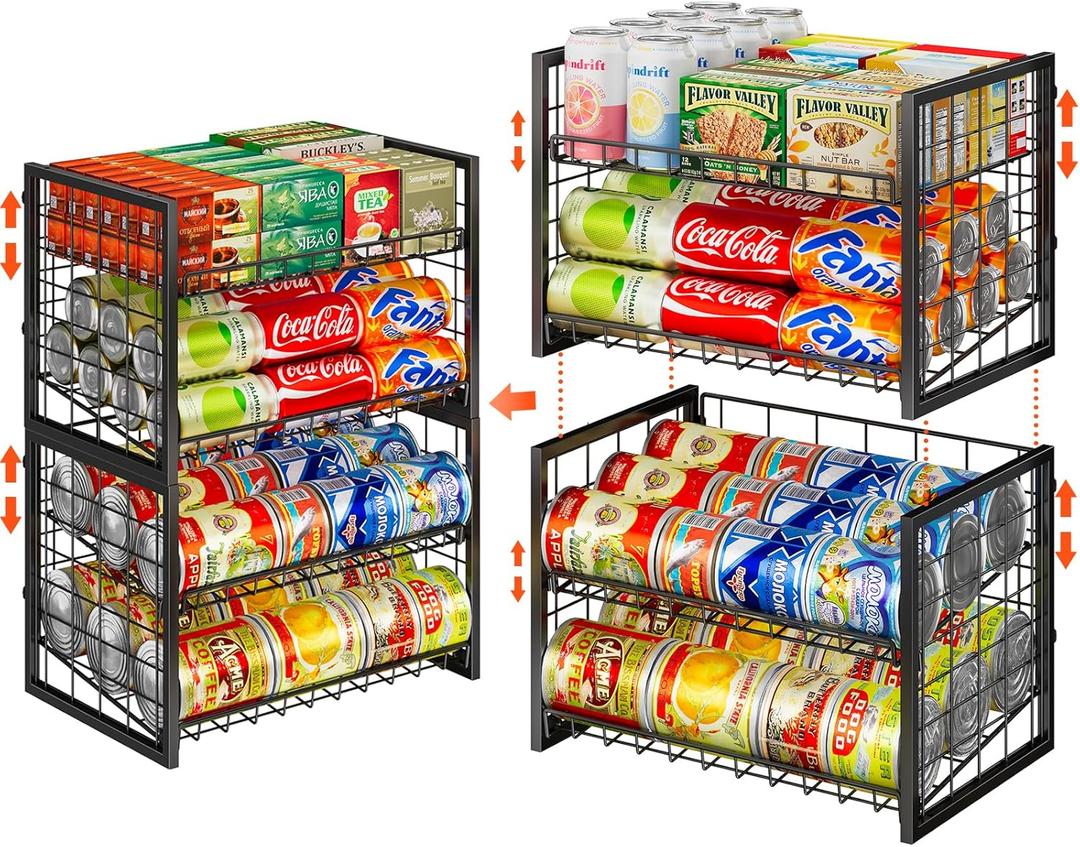 X-cosrack 2 Packs Stackable Can Rack Organizer for Pantry, 2-Tier Sturdy Adjustable Pantry Can Storage Organizer for Canned Food Can Goods, Kitchen Can Dispenser Holder for Soda Drinks Snack, Black