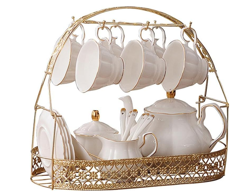 fanquare 15 Pieces Simple White English Ceramic Tea Sets,Tea Pot,Bone China Cups Without Metal Holder,Matching Spoons,Afternoon Tea Set Service Coffee Set