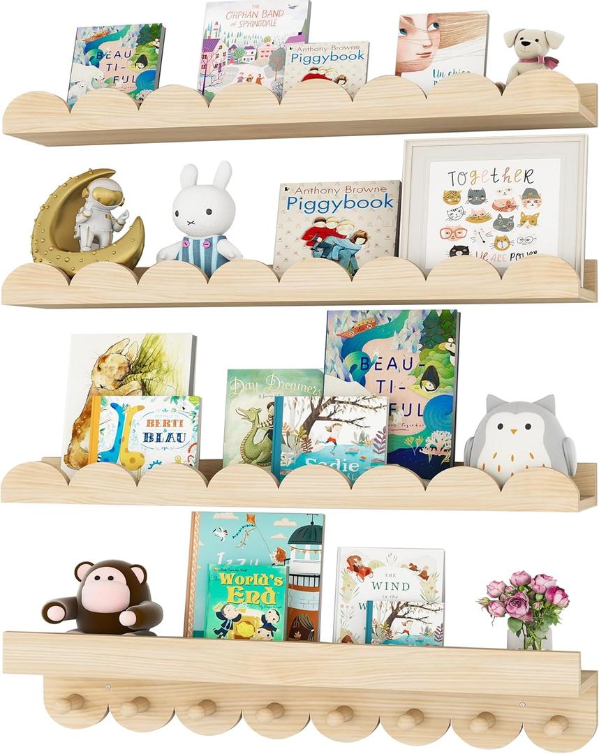 24 Inch Nursery Book Shelves with Hooks, 4-Pack Floating Shelves for Wall, Scalloped Shelves, Wall Book Shelves for Kids Room, Toddler Room, Baby Room, Nursery Decor