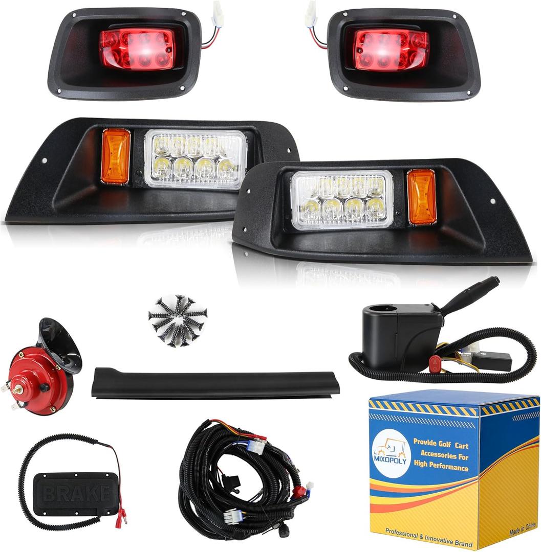 Golf Cart Light Kit for EZGO TXT Gas & Electric 1996-2013, 12V Street Legal Full Headlight Tail Light Kit with Turn Signal Switch, Horn Button, Hazard Flasher and Brake Pad