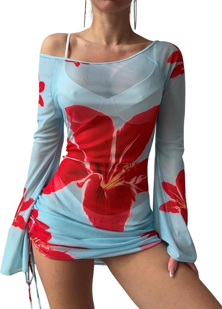 ZAFUL Womens Swimsuit Cover Up Dress Off Shoulder Hollow Coverup Bathing Suit Mesh Swim Beach Dress (Small)