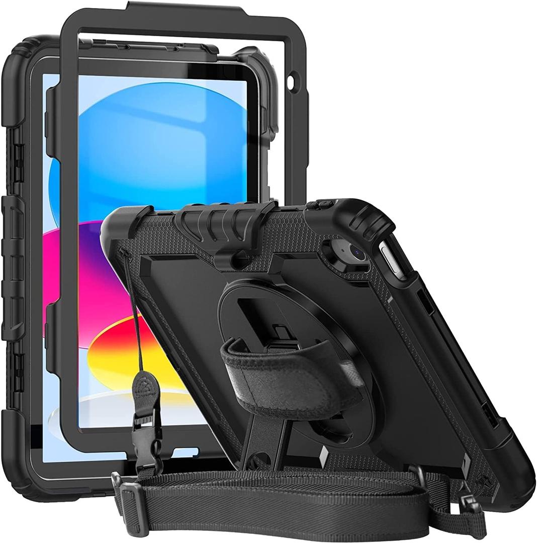 Herize Case Compatible with iPad (A16) 11th 2025/10th Generation 2022 with Screen Protector Pen Holder | Heavy Duty Shockproof Rugged Protective Case W/Handle Shoulder Strap (Black)