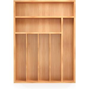 Bamboo Silverware Organizer, Kitchen Drawer Organizer, Utensil Holder, Cutlery Tray & Spoon Flatware Storage with Grooved Drawer Dividers (7 Slots, Natural) (Large 16.5x12.3 Inch)