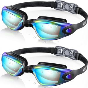 Aegend Swim Goggles 2-Pack, No Leaking Anti-Fog UV Protection Mirrored Swim Glasses for Adult Men Women, Wide View Outdoor (Black)