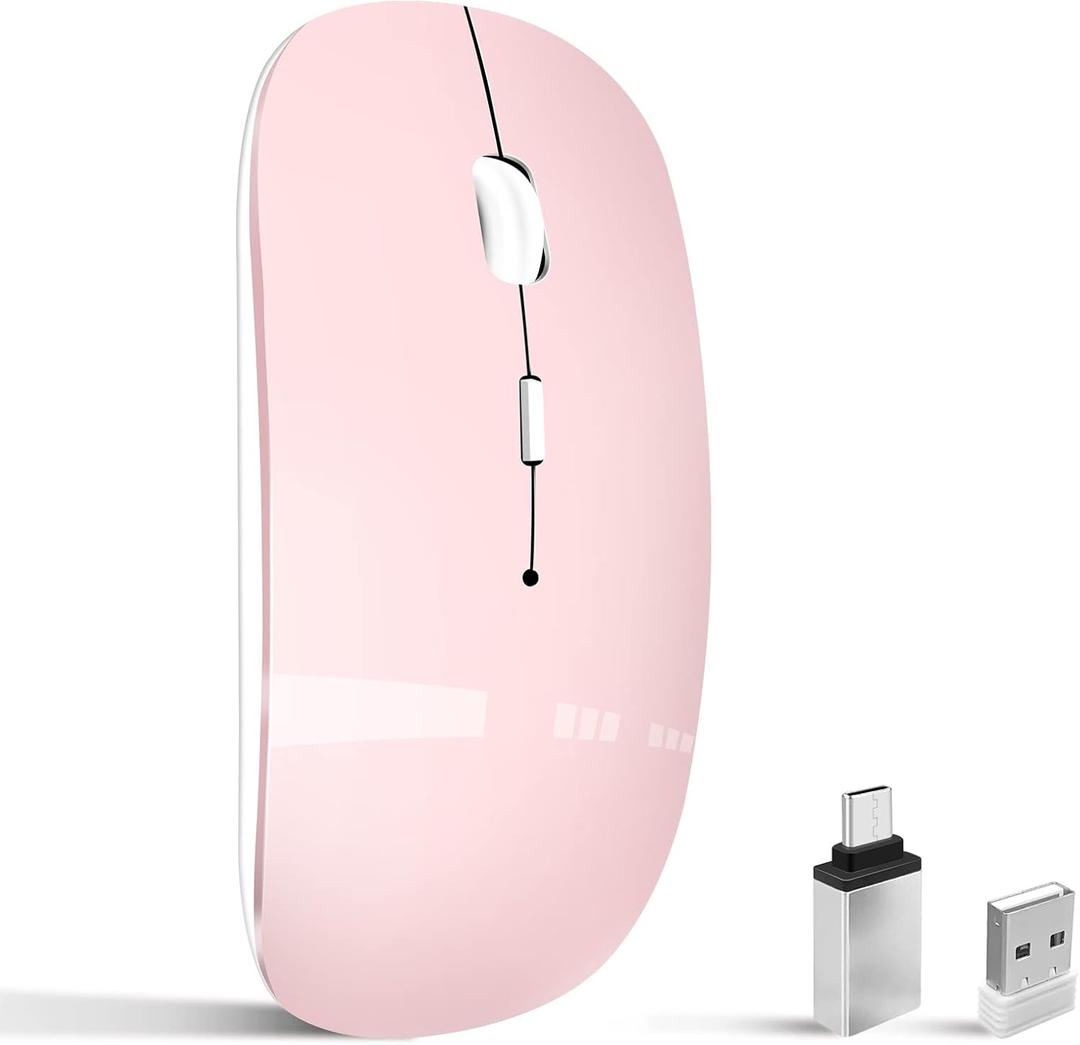 Wireless Mouse for Laptop, Bluetooth Mouse for MacBook Pro/Air/Mac/iPad/Chromebook/Computer -Rechargeale Dual Mode(USB 2.4Ghz + Bluetooth 5.2) Silent Cordless Mice with USB C Adapter,Pink
