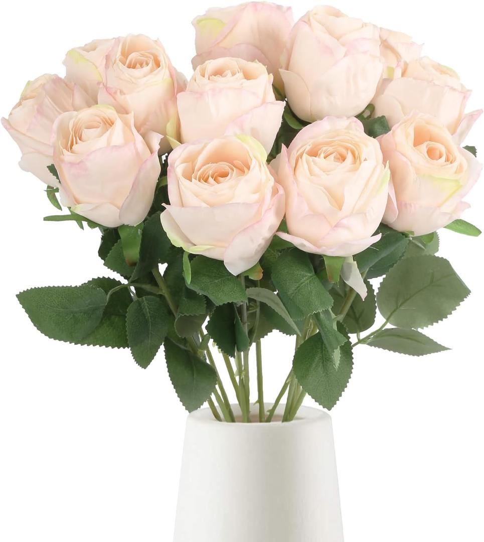 12pcs Champagne Roses Artificial Flowers Vintage Burnt Rose 20" Realistic Silk Roses Bouquet with Long Stem for Wedding Party Floral Centerpieces Decoration (Champagne)