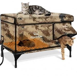 Indestructible Heated Cat House for Outside Winter, 100% Waterproof, Safe Escape Door, Insulated Outdoor Cat Shelter with Heater for Feral Barn Cat Kitty (Desert Camouflage, 29"x17"x20")