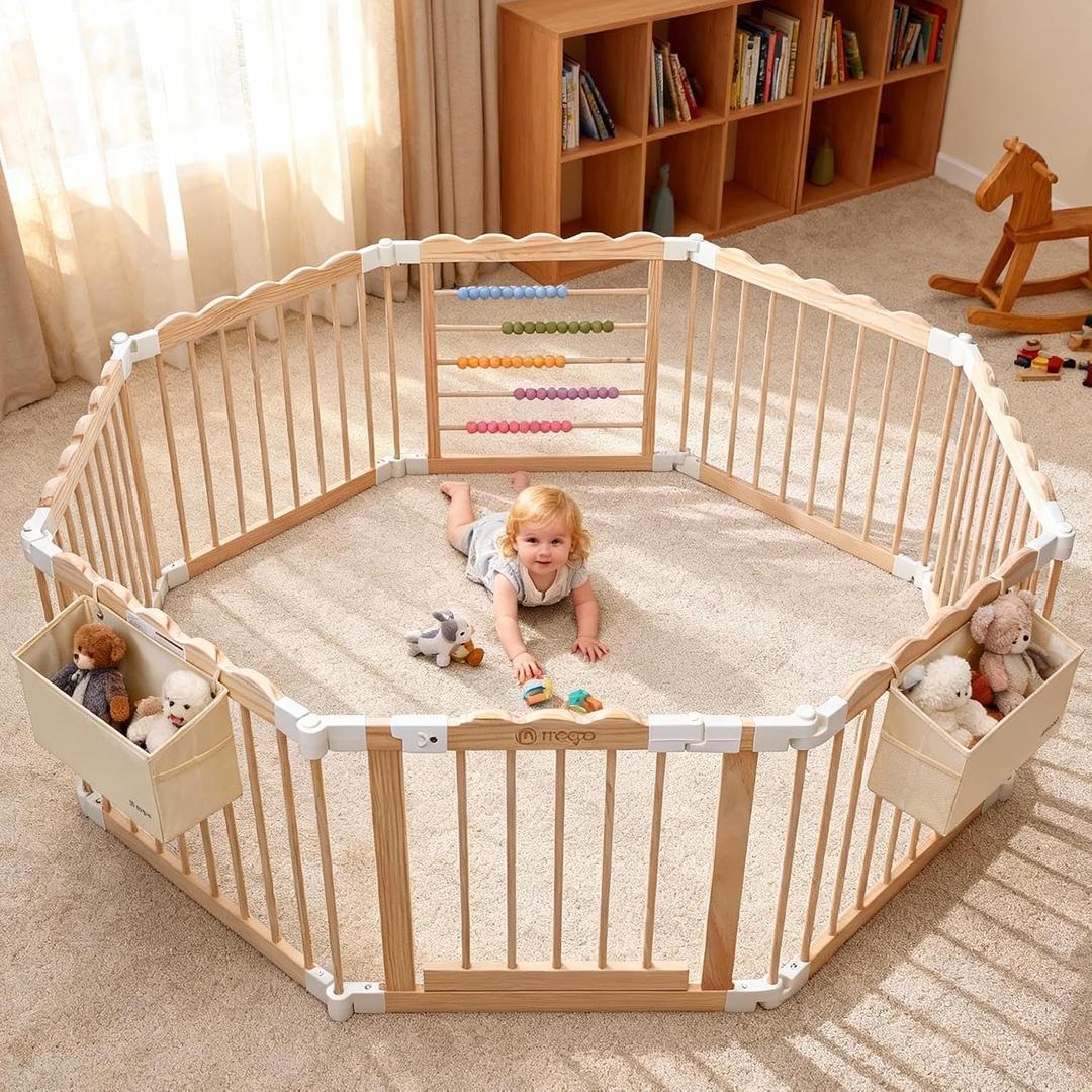 M MEEPO Foldable Baby Playpen, 57 x 57 x 25 in, Adjustable Shape & Size Wooden Baby Playpen with 2-Pack Storage Bags, Nature Pine Wood Play Yard for Infant, Toddler, Safety Lock Door, Build in Toys
