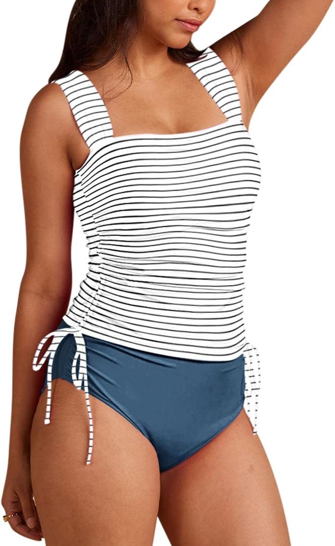 Pink Queen Women's 2 Piece Tankini Bathing Suit Tummy Control High Waisted Bikini Bottom Ruched Drawstring Swimsuit, XL