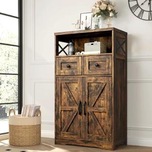 Farmhouse Storage Cabinet with Drawers and Shelves, Kitchen Pantry Storage Cabinet, Floor Hutch Cupboard for Dining Living Room Home Office, Rustic Brown (Pack of 1)