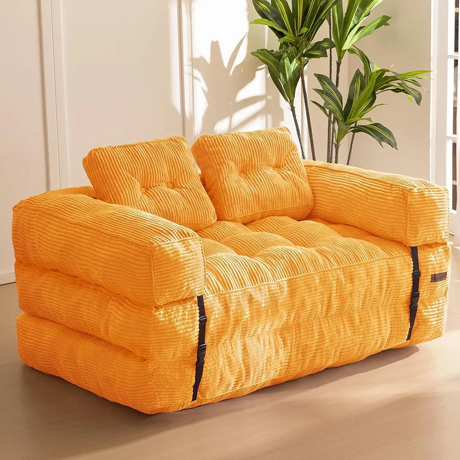 MAXYOYO Folding Sofa Bed, L-Shaped Convertible Sofa Bed with Armrest Foldable Sleeper Couch with Pillow, Portable Fold Out Chair Comfy Floor Couch Lounge for Living Room Bedroom, Orange, Double