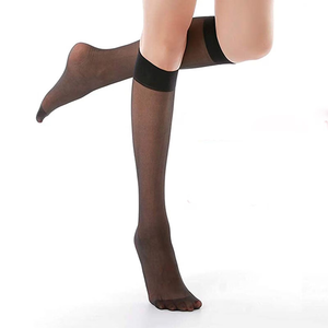 2 Pairs Knee High Stockings for Women, 20 Denier Nylon Sheer Socks with Reinforced Toes Black Nude One Size