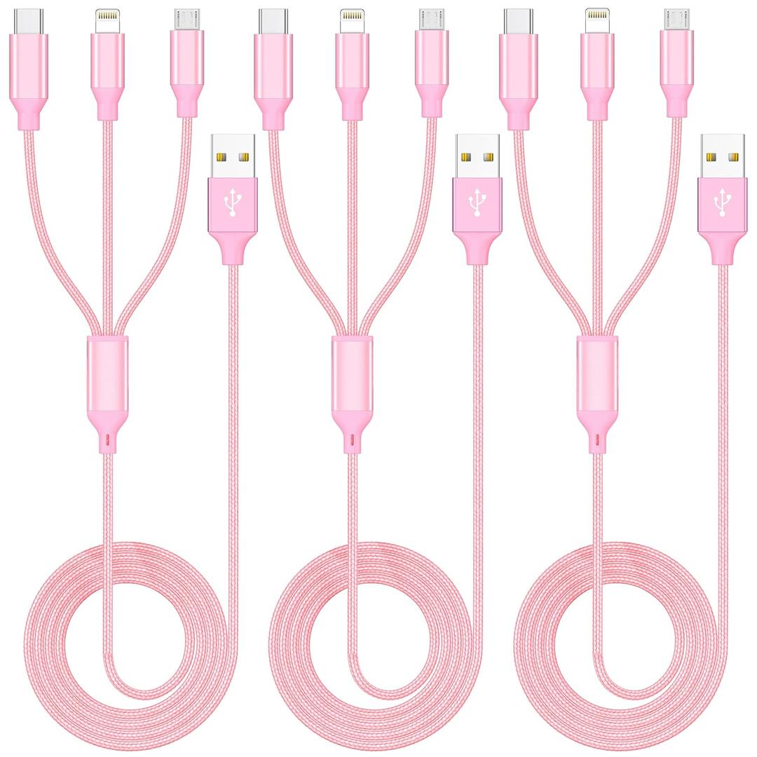 Multiple Charger Cable, 3Pack 4FT USB Charging Cable 3 in 1 Multi Phone Charger Rapid Cord with Type C/Micro/Lightning USB Connectors for Cell Phones and More(Pink)