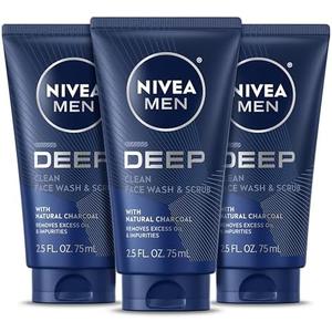 NIVEA MEN Deep Clean Face Wash and Scrub with Natural Charcoal, Exfoliating Face Wash for Men Removes Excess Oil, Dirt and Impurities, Beard Friendly Skin Care, 2.5 Fl Oz Tube, Pack of 2