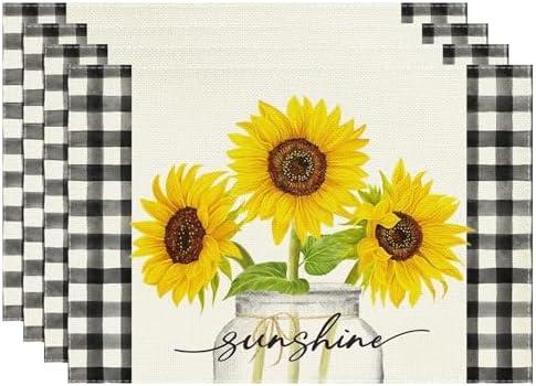Niviy Sunflower Placemats Set of 4, 12x18 Inch Sunshine Vase Summer Spring Table Mats for Holiday Party Kitchen Dining Room Decoration