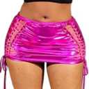 EVILD Sexy Metallic Mini Skirt Glitter Tie up Cut Out Skirt Elastic Ruched Club Bodycon Skirt Party Sexy Costume for Women ( Regular, Rose)