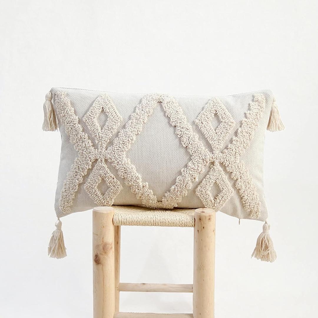Boho Tufted Lumbar Throw Pillow Cover 12x 20, Modern Simple Diamond Farmhouse Neutral Linen Pillow Cushion Cases with Tassels, Cream Decorative Pillows for Bed, Outdoor Couch Bedroom Car (Beige)