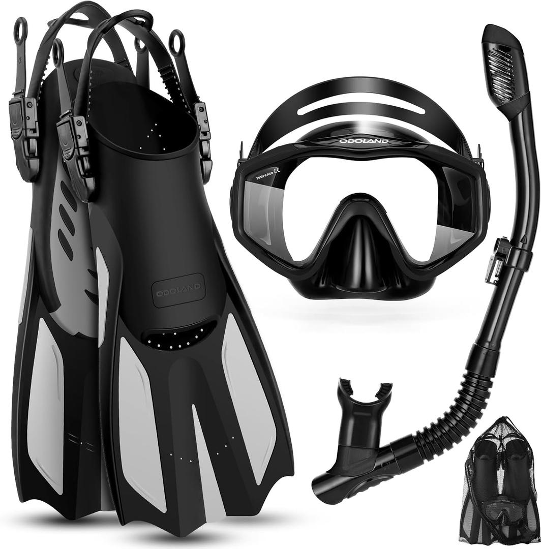 Odoland Kids Snorkeling Packages Snorkel Set, Dry Top Snorkel Mask with Adjustable Swim Fins for Boys and Girls Age 7-14 (S/MD (Kid JR 9-13), Black)