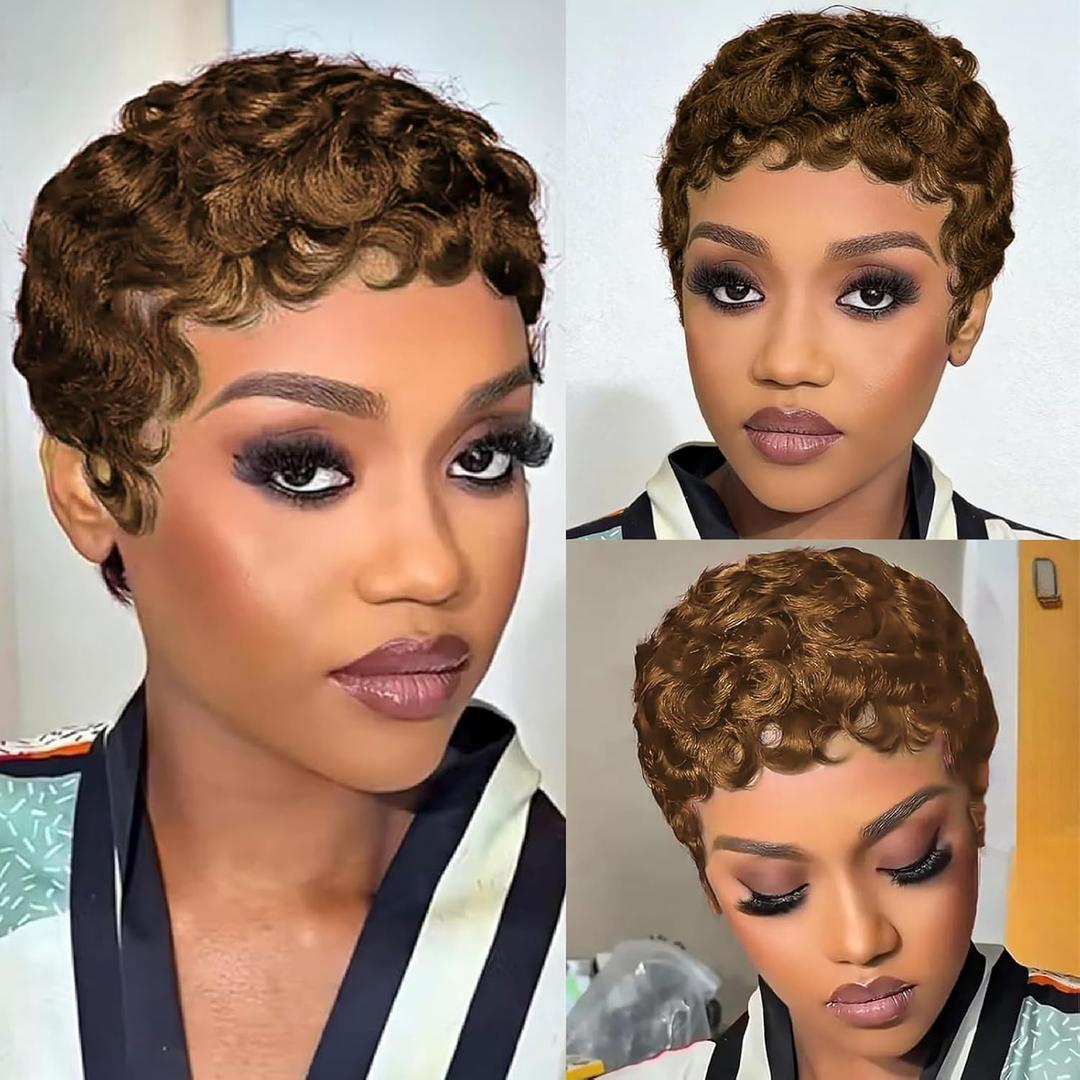 Brown Short Curly Pixie Cut Wigs Remy Human Hair for Women, Chocolate Brown Colored Short Curly Deep Wave Human Hair Wig Fashion Wavy Layered Pixie Cut Wig Wear and Go Glueless Cosplay Wigs With Bang