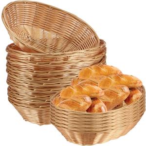SINJEUN 15 Pack Wicker Bread Basket, Handwoven Oval Plastic Basket, Woven Tabletop Fruit Vegetables Food Serving Basket for Home, Kitchen, Restaurant, Light Brown (15 Pack 9 x 6 x 2.5 Inch)