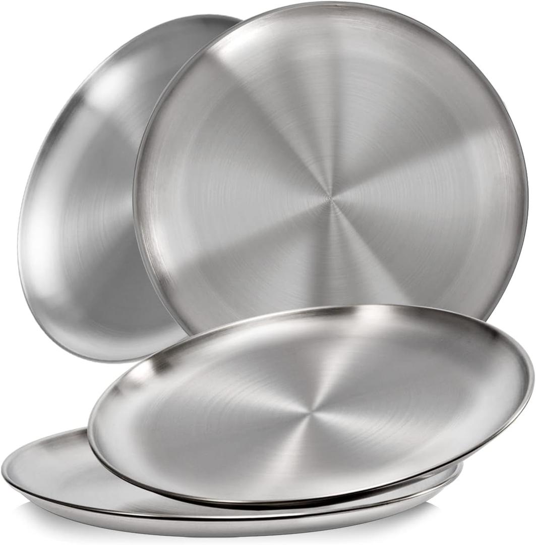 Sumerflos 304 (18/8) Stainless Steel Dinner Plates, 10" Round Salad Plates, Serving Plate for Home Kichten, Outdoor Camping, Snack, Pizza and BBQ - Set of 4