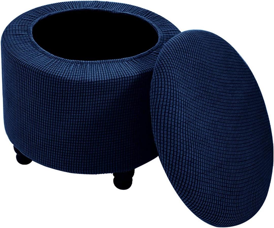 Round Ottoman Cover with Storage 2-Piece Stretch Stool Slipcover Soft Footstool Protector Covers Removable Washable Storage Stool with Cover Lid Folding Stool Covers for Home Decor (Navy Blue)