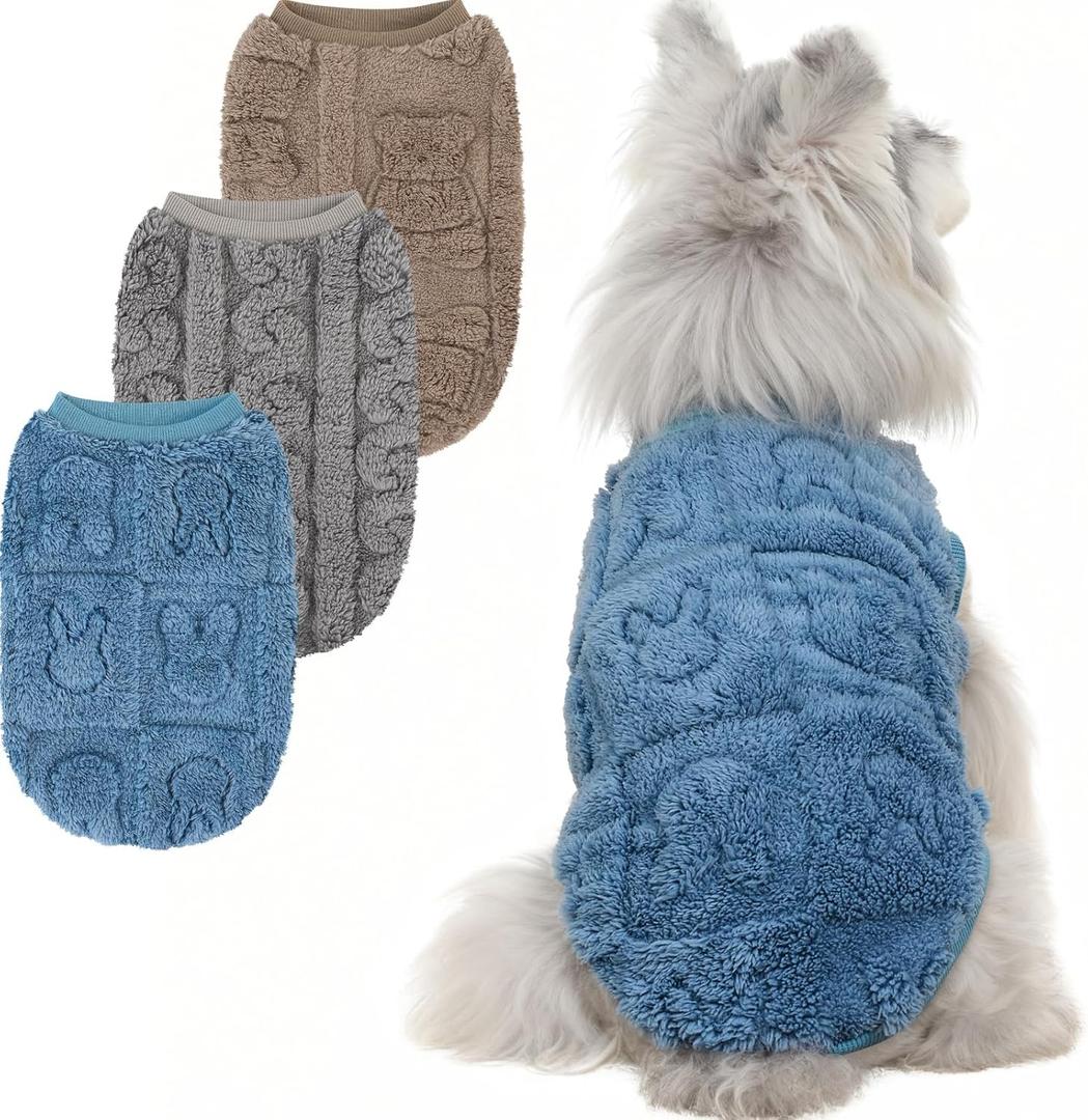 XPUDAC 3 Pack Dog Sweater, Dog Winter Clothes for Small Medium Dogs Boy Fleece Pajamas for Winter Christmas-S, Blue, Khaki, Grey 