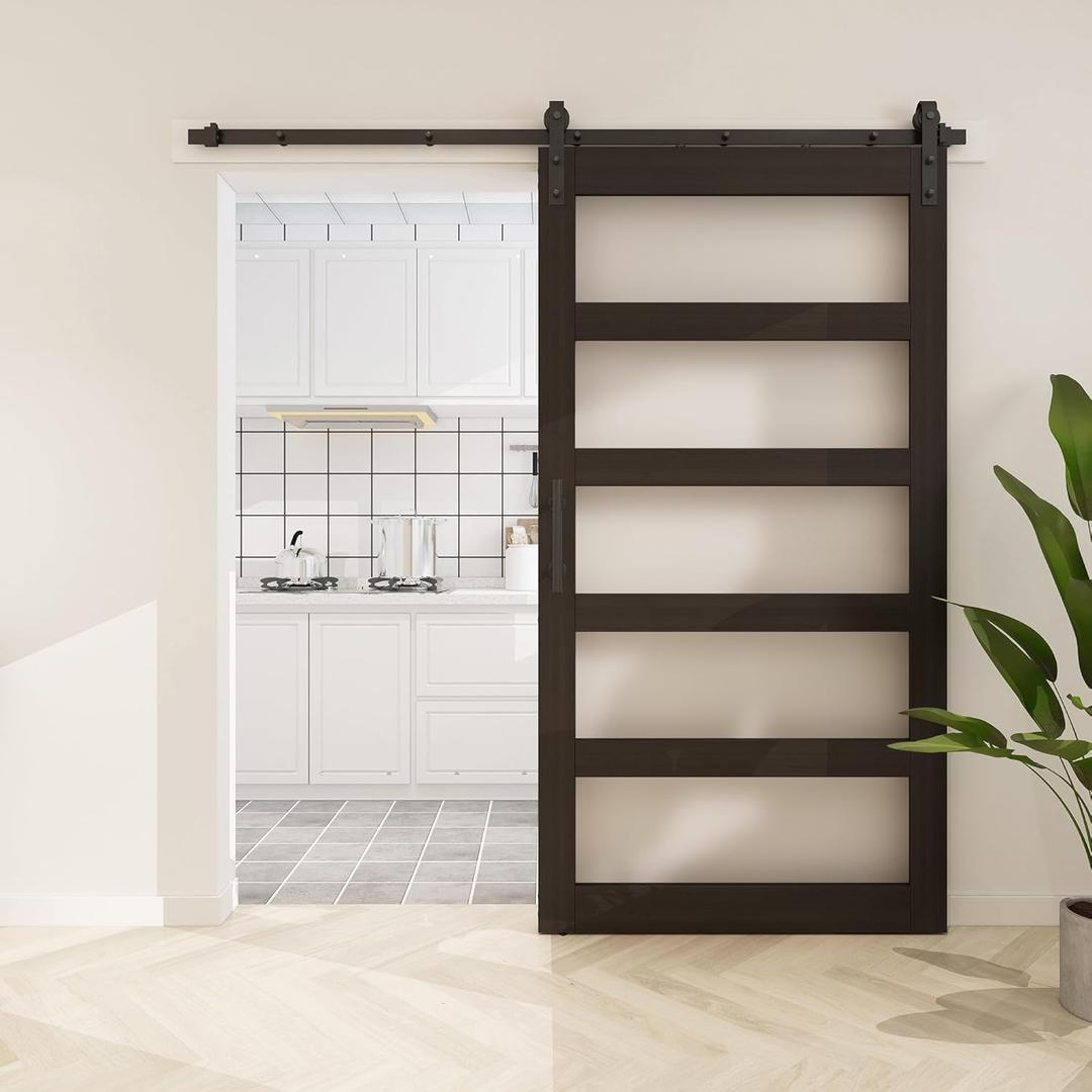 BARNSMITH 48in x 96in Glass Barn Door and 8FT Sliding Door Hardware Included, 5-Panel Frosted Glass Sliding Barn Door, Solid Wood Covered with Water-Proof PVC Surface, Easy Assembly, Brown
