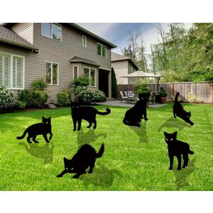 Halloween Yard Signs - 6 PCS Black Cat Decorations with Stakes for Outdoor Scary Silhouette with Glowing Eyes Waterproof Corrugated Plastic Lawn Decor