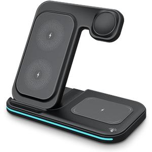 Foldable 3 in 1 Dual Coil Charging Station for iPhone 17, 8-16, Qi Fast Wireless Charger for Galaxy S26,S7-S25, Air. Pods, Apple Watch Ultra/10/9/1-8/SE (No A/C Adapter, C to C Cord)
