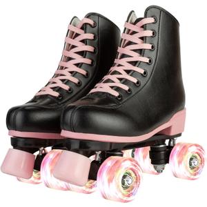 XUDREZ Roller Skates for Girls and Women, Stylish Black PU Leather Roller Skates with Pink Light Up Wheels, Indoor Outdoor Roller Skates for Youth Kids Girls (36-US Women 5, Youth 4)