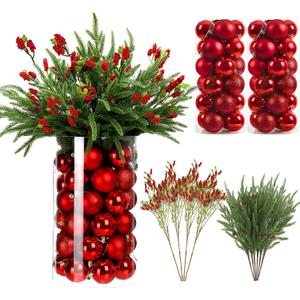 Giegxin 58 Pcs Christmas Norfolk Pine Stems with Small Pinecones and Red Berries Branches Red Christmas Balls for DIY Home, Wreath Garland Xmas for Indoor/Outdoor Floral Arrangements