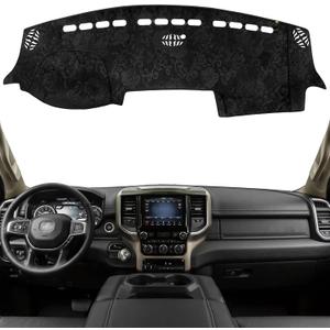 KEYOOG Dashboard Cover Dash Mat Fit for 2024-2019 Do-dge Ram 1500 2500 3500 (Without HUD Models),Car Dash Board Mat Anti-Glare Carpet,Non-Slip Pad Sunshield Protector (Flannel) (Black Embossed)