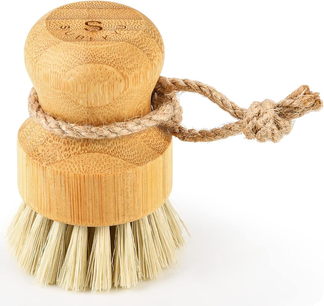 SUBEKYU Bamboo Dish Scrub Brushes for Kitchen, Cleaning Scrubber for Washing Cast Iron Pan/Pot, Natural Sisal Bristles, 1 Pack