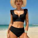 ZAFUL Womens High Waisted Bikini Sets Ruffle Tummy Control Swimsuits Full Coverage Cheeky Two Piece Push Up Bathing Suit (Black, XL)